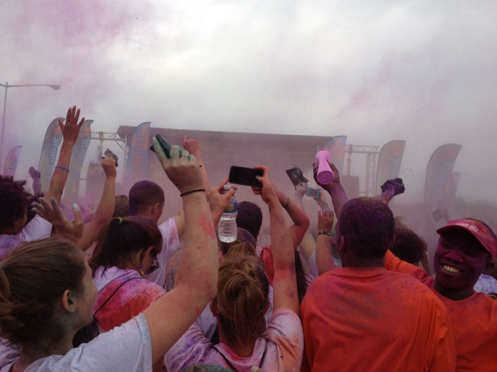 The dye party after the race with clouds of dye being thrown