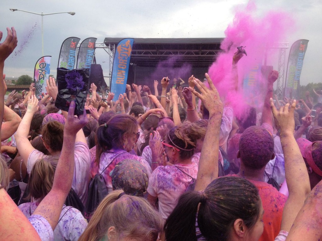 The dye party after the race with clouds of dye being thrown