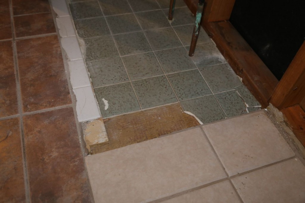 All the various tile flooring in the bathroom. The aqua square tiles were underneath the vanity and match the countertop. The large off-white ones were in the space between the two vanities. 