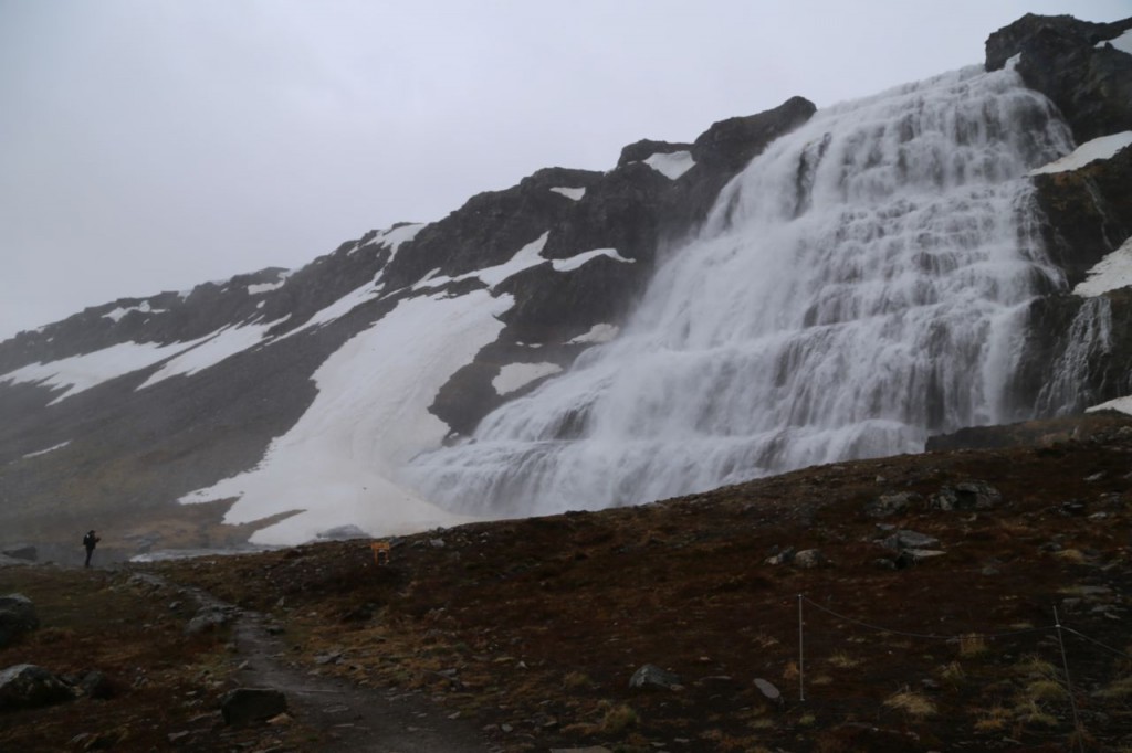 Upper and most spectacular portion of Dynjandi, with my sister on the far left side for size reference