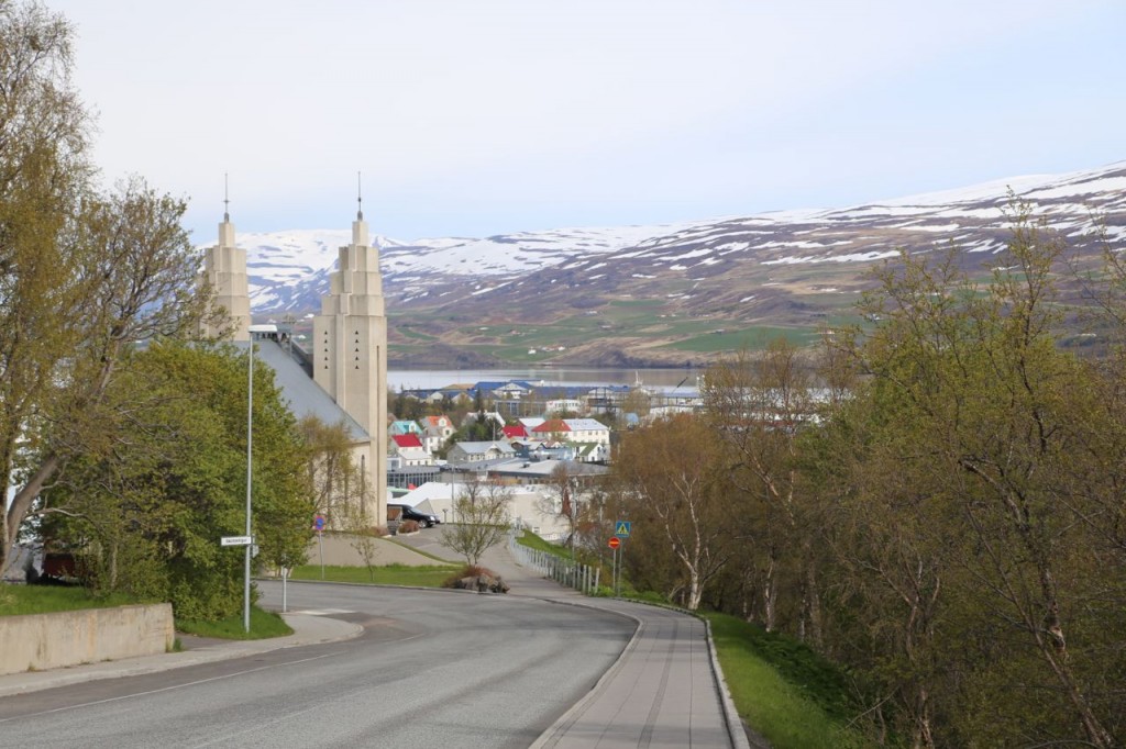 View of downtown, with the prominent church in foreground