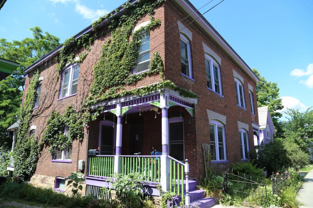 brick and purple trim