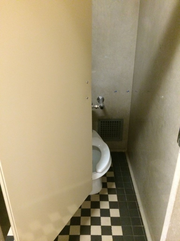Toilet stall so short, one must climb on the the toilet to close the door