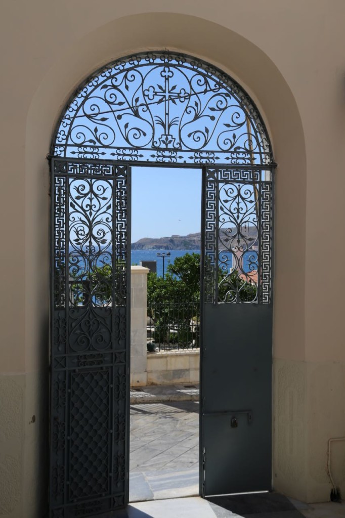 Metal gate to church courtyard