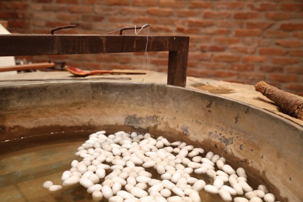 Silk threads being separated from cocoons 