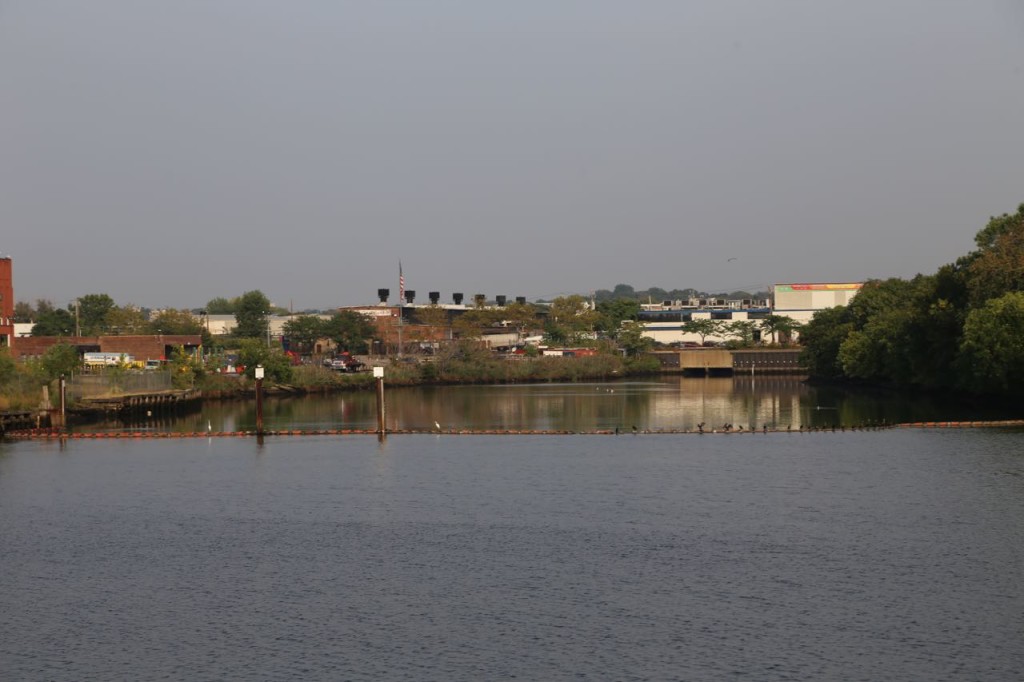 Sewage outfall with birds on boom line