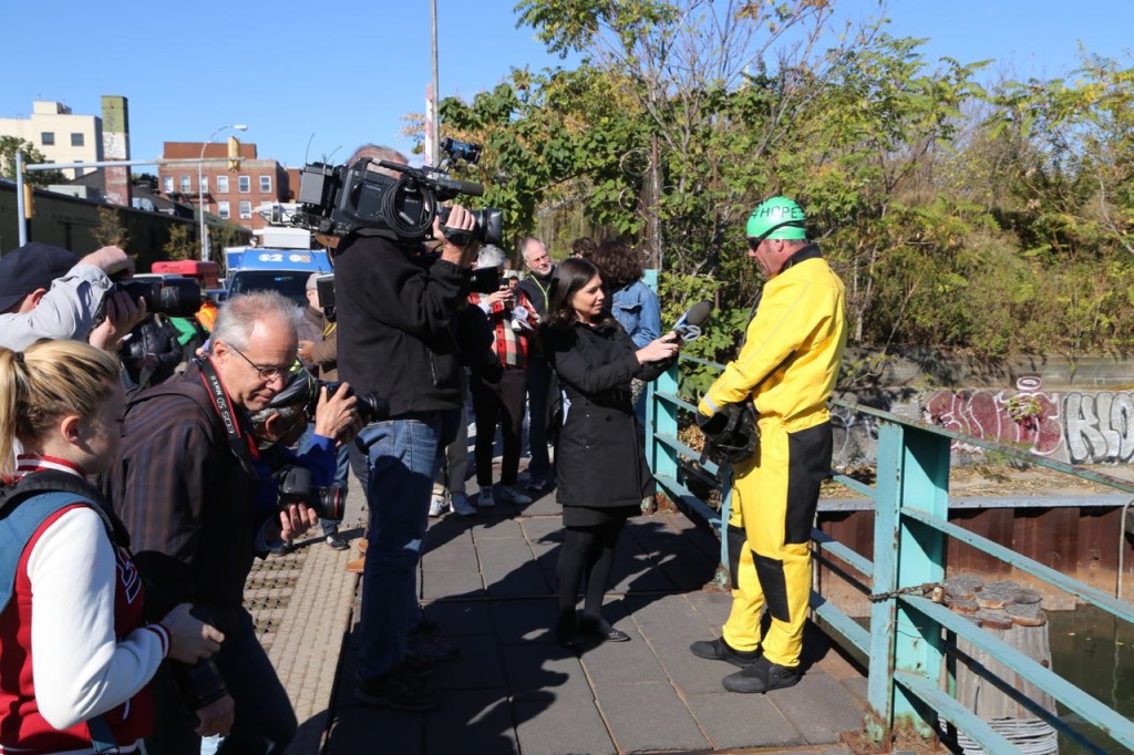 Christopher Swain being interviewed before his swim