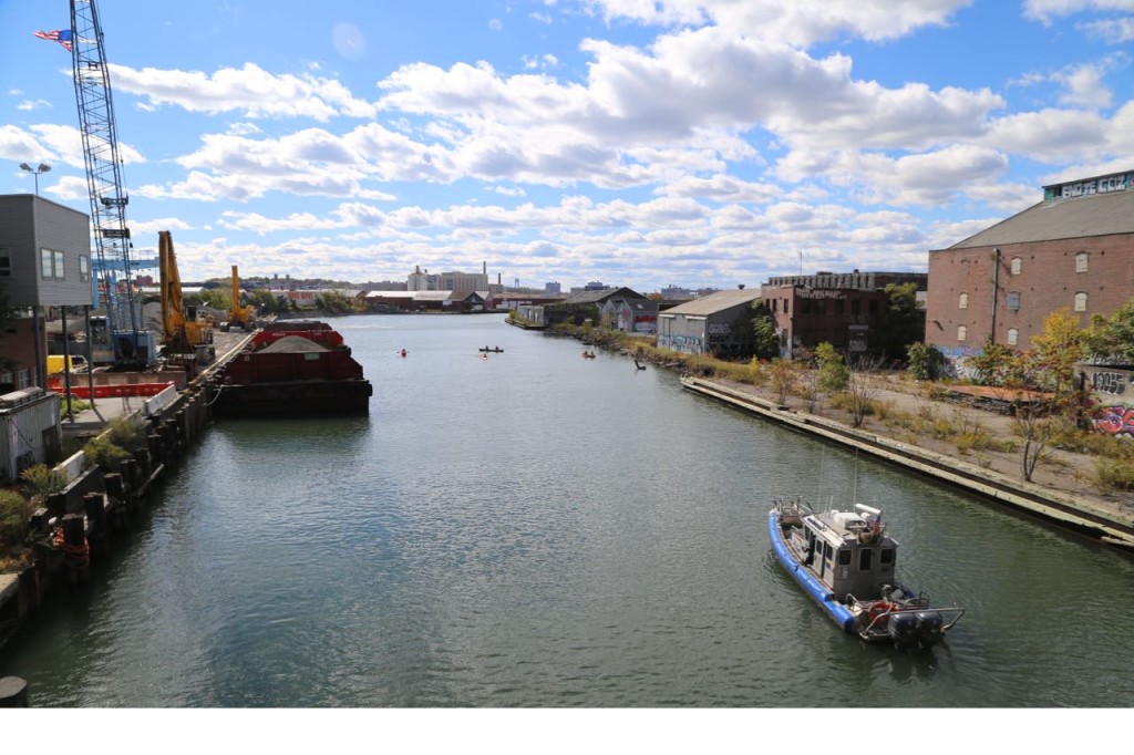 Mr. Swain and escorts nearly at the end of the Gowanus Canal, just after the Gowanus Expressway bridge.