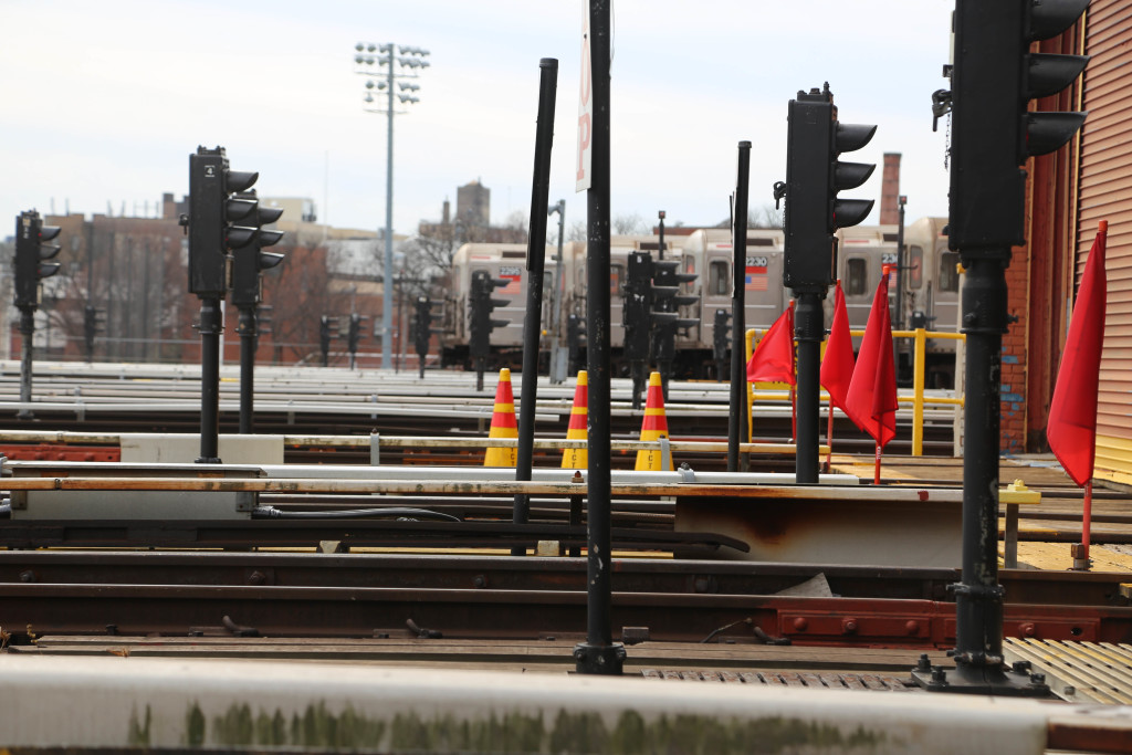 Signals at the entrance to the 240th Street Train Yard shop