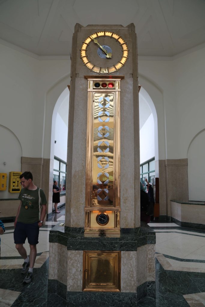 Pylon in filtration building indicating time and filter backwash conditions