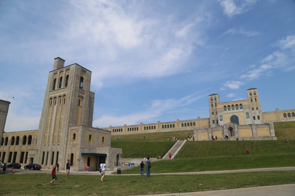 R.C. Harris Water Treatment Plant: filtration building on right, pumping station on left in foreground