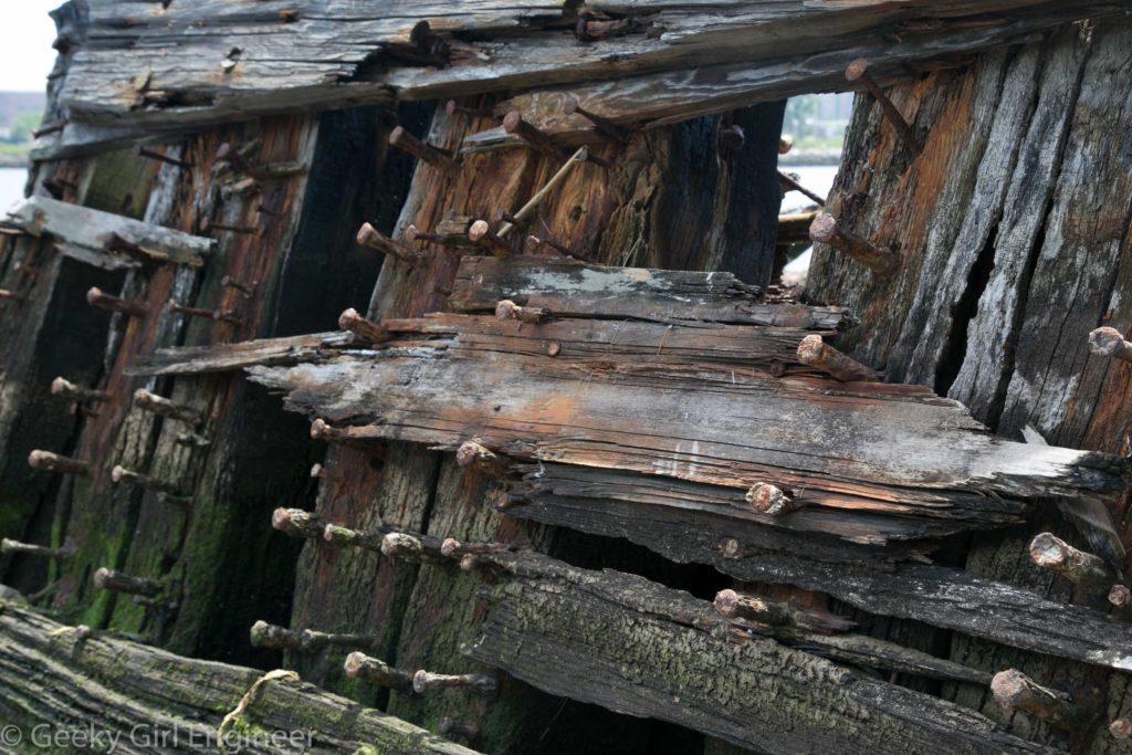 Metal nails in a wooden shipwreck