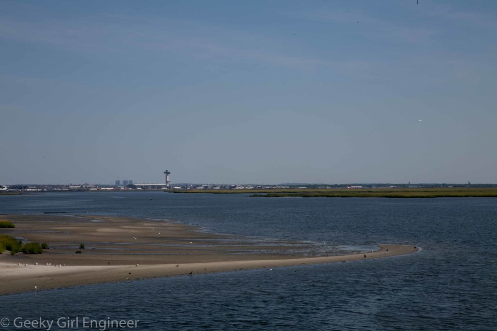 View from train of Jamaica Bay with JFK Airport in background