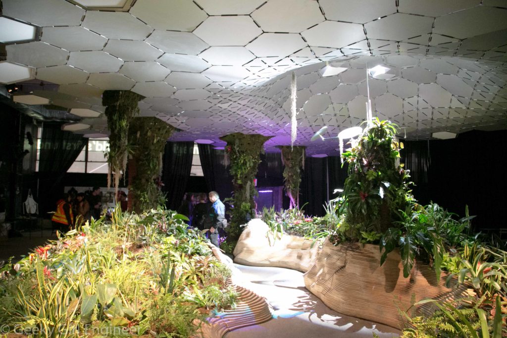 Display of plants, including vertical plant elements, and ceiling reflecting sunlight