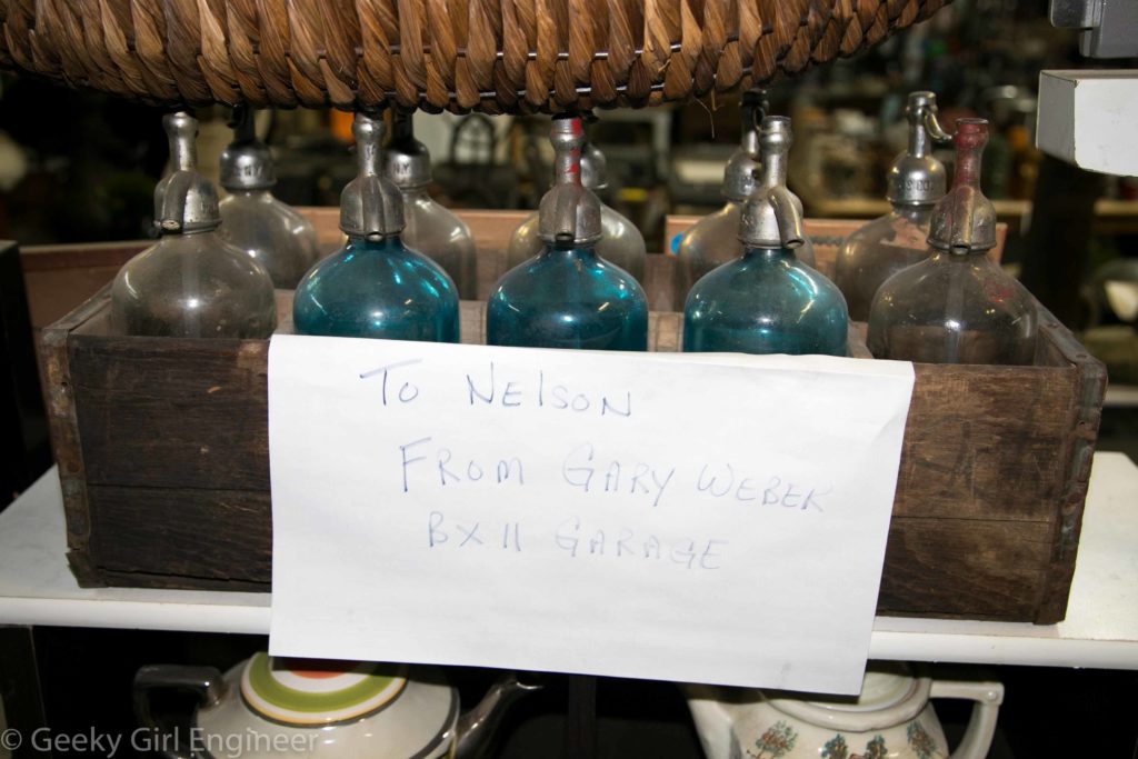 A set of old seltzer bottles donated by another sanitation worker