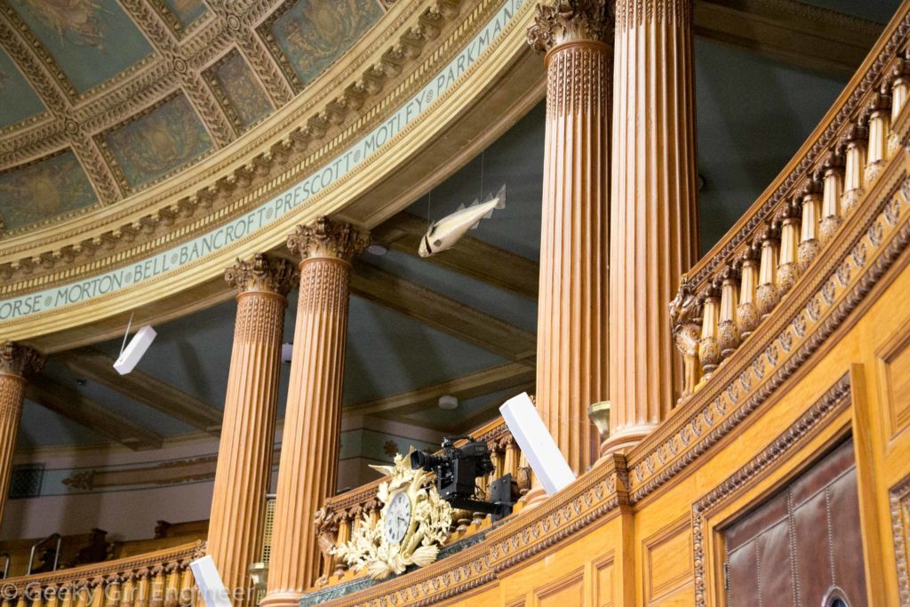 Viewing balcony of House of Representatives with large fish hanging