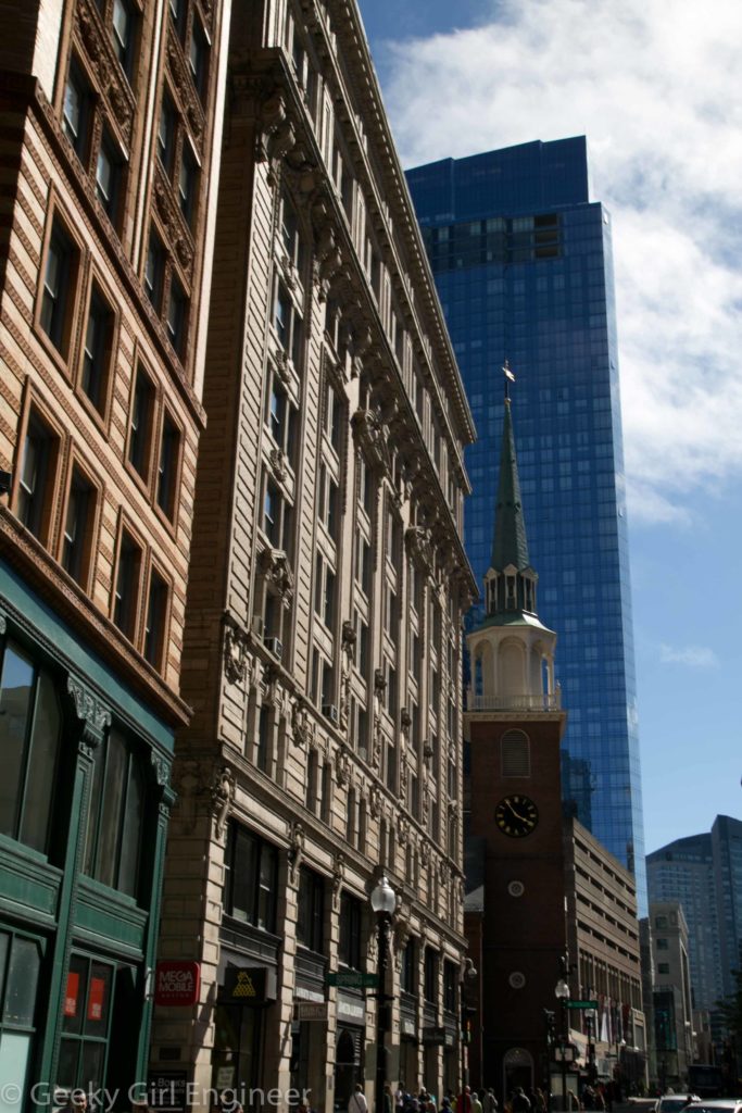 Old South Meeting House wedged between old and new office buildings