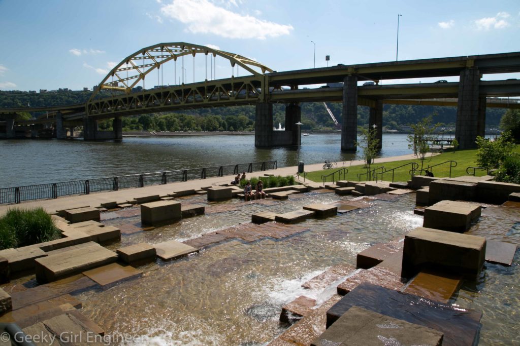 North Shore Riverwalk with Fort Duquesne Bridge in background