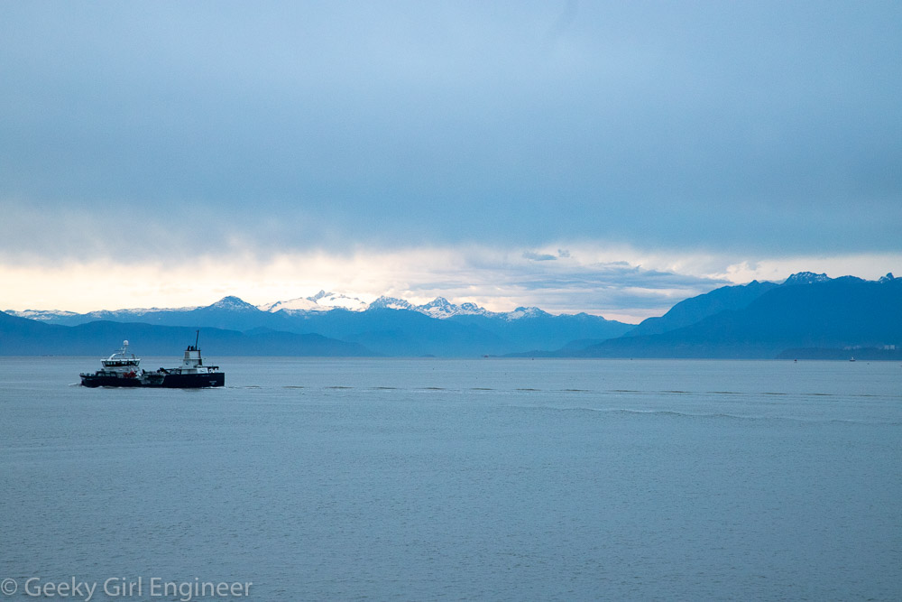 View from a ship of sea and mountains