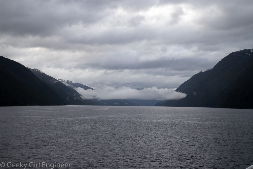 View from a ship of sea and mountains