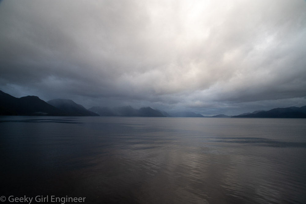 View from a ship of sea and mountains