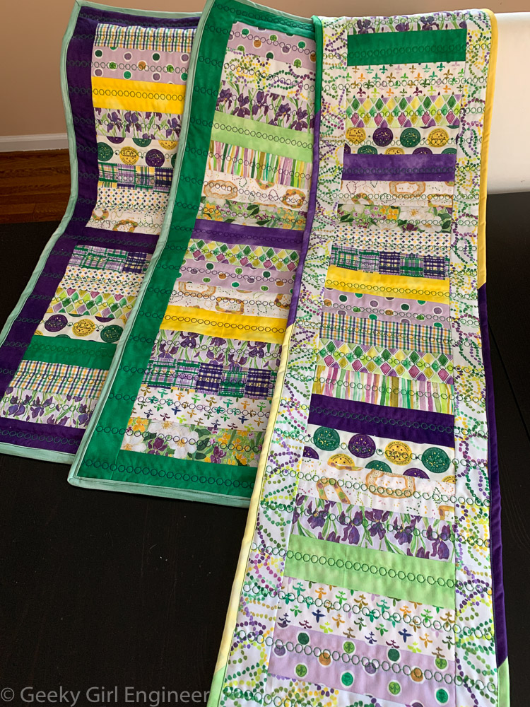 Mardi Gras themed fabric sewed in simple strips to make table runners