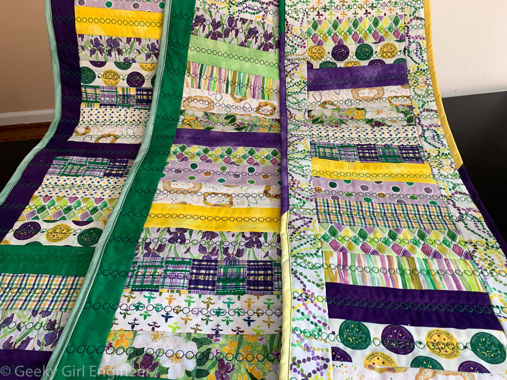 Mardi Gras themed fabric sewed in simple strips to make table runners