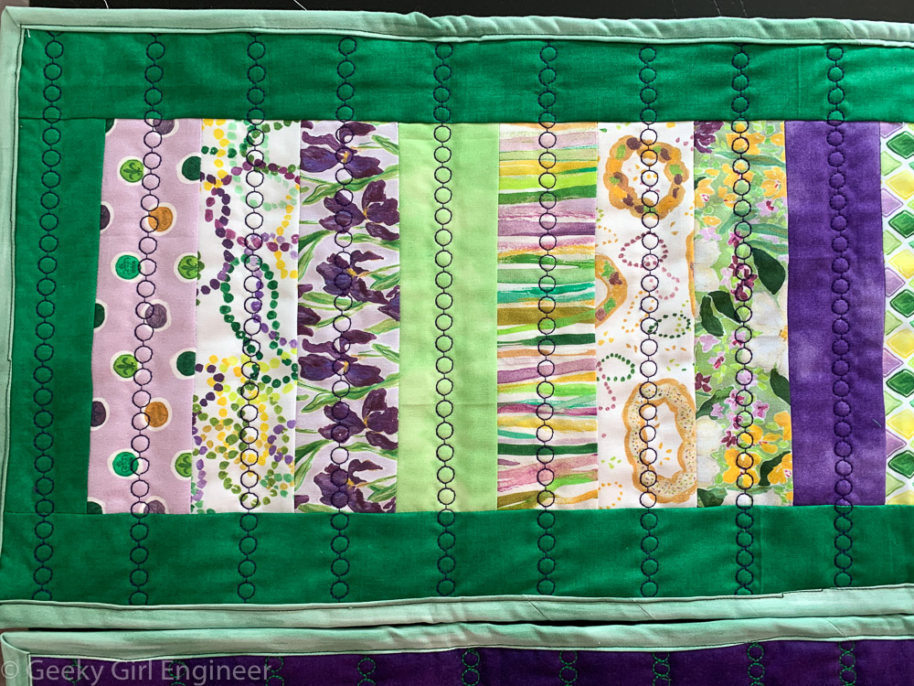 Mardi Gras themed fabric sewed in simple strips