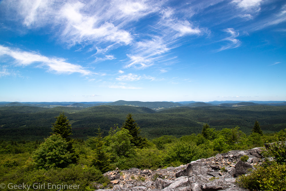 Green tree covered mountains and a blue sky