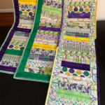 Mardi Gras themed fabric sewed in simple strips to make table runners